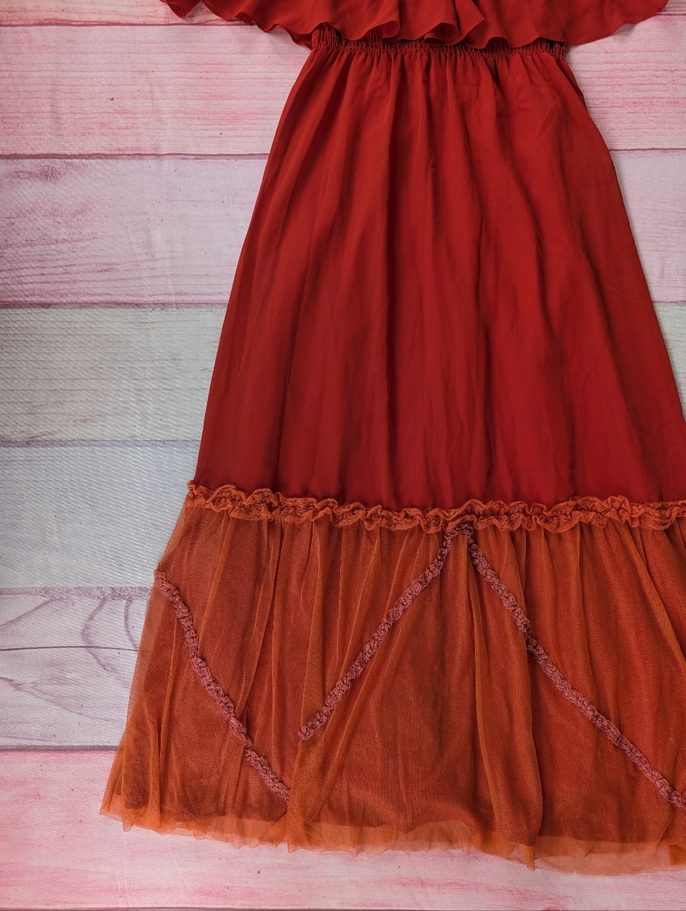 Vintage 70s/80s Prairie Dress Burnt Orange Boho Midi Ruffle Tulle Maxi Dress - Picture 4 of 10